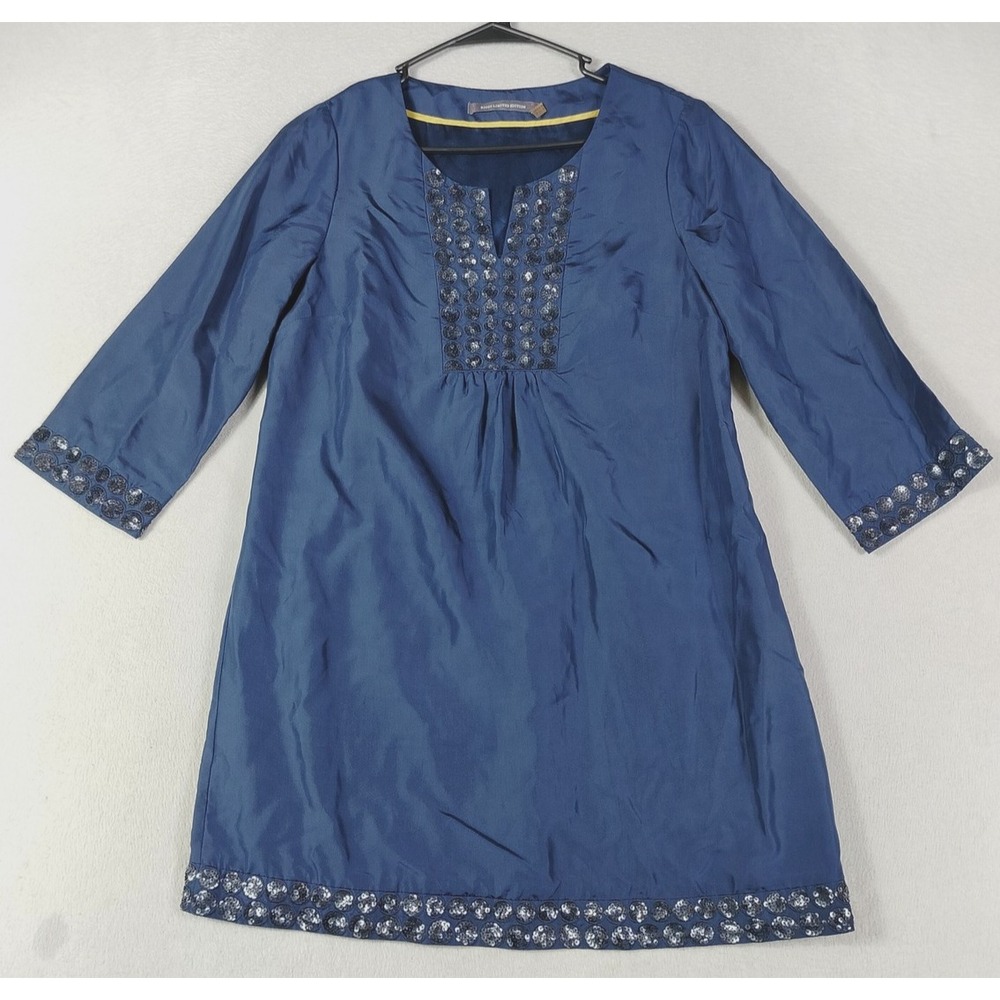 Boden Limited Edition Dress Womens 6 Blue Silk Sequin Shift 3/4 Sleeve V Neck